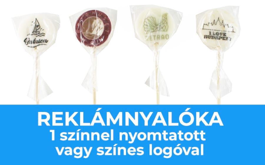 Reklámnyalóka, nyalóka céges logóval, emblémázott nyalóka